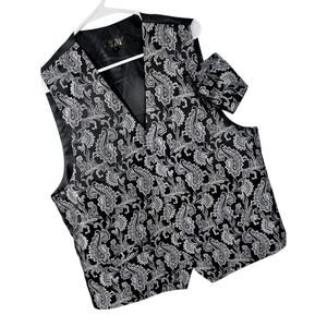 STUNNING BLACK AND SILVER PAISLEY PATTERNED FORMAL VEST & HANDKERCHIEF! SZ L